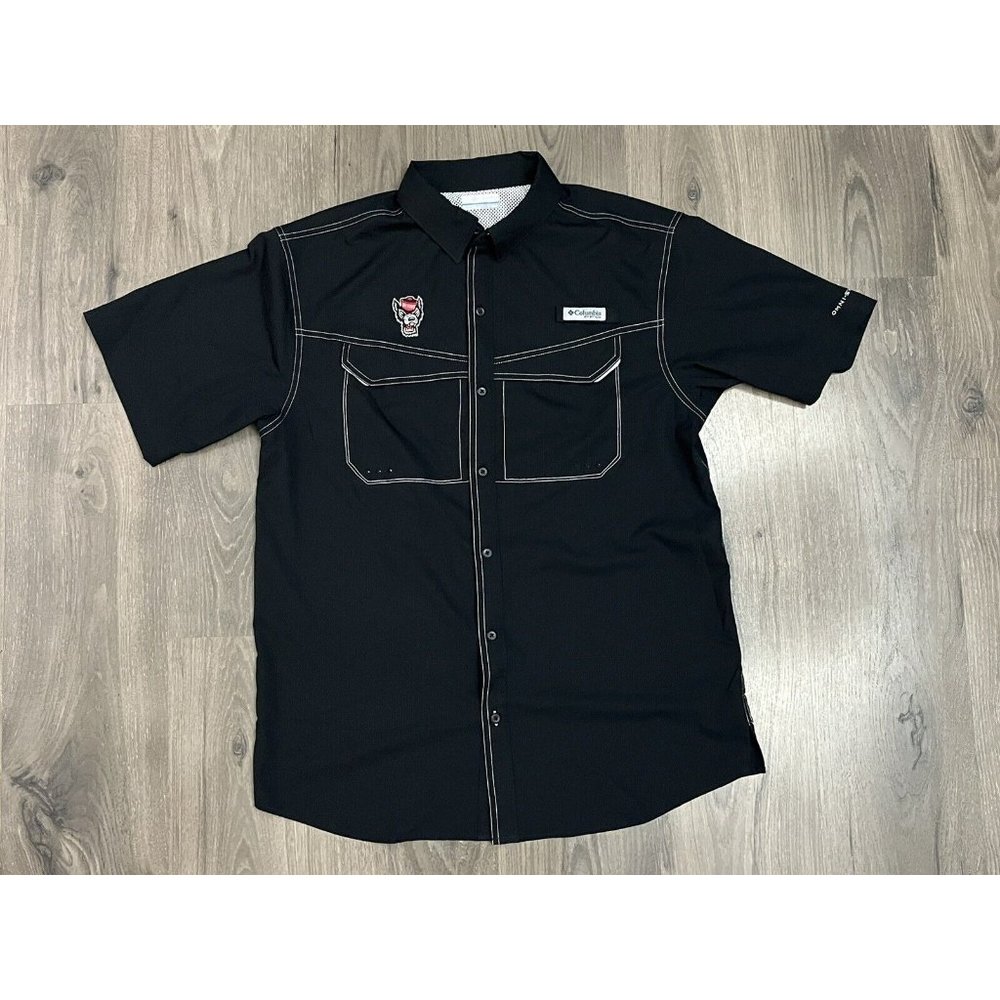 Columbia PFG Shirt Medium Black Button-Down Short Sleeve Vented NC State Logo